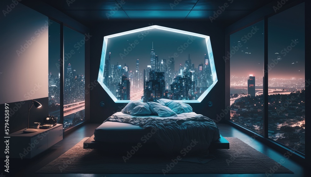 A futuristic bedroom with a floating bed and LED lighting set on a