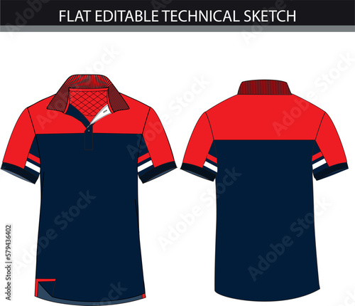 Polo shirt with stripe and colour block technical sketch' vector file