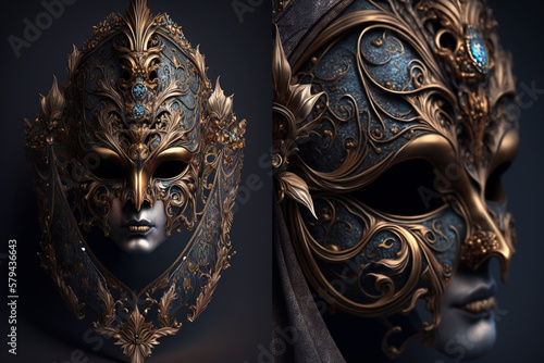 Beautifully Crafted Venetian Mask with extreme details close up. Venetian Festival Mask. Venice traditional mask. Ai generated