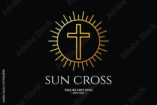 Fototapete Elegant Luxury Rise Sun Light Jesus Christian Cross Line for Chapel Church Logo