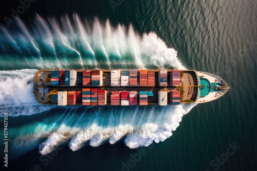 Moving freight from a port or cargo yard to a destination farther out to sea is shown by an aerial shot of a container ship in motion. Generative AI photo