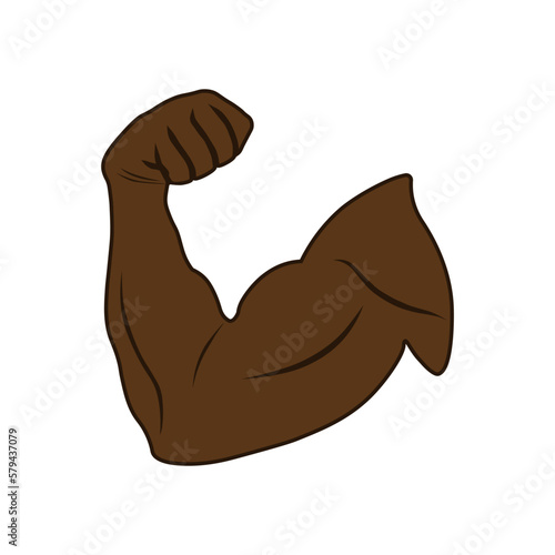Cartoon black arm muscle icon. Muscles and strength hand gym. Bodybuilder biceps flex arms symbol. Emoji of strong bicep sign. Sport, fitness, workout, gym club logo. Vector illustration