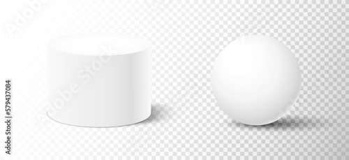 Realistic white cylinder and sphere with shadow isolated on transparent background. Geometric shapes in front view. Concept for advertising or presentation. 3d vector illustration