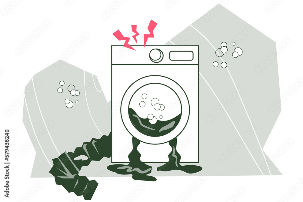 Broken washing machine, destroyed broken washer, flat vector