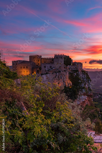 Panoramic view of Caccamo castle at dusk, province of Palermo IT