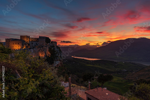 Panoramic view of Caccamo castle at dusk, province of Palermo IT