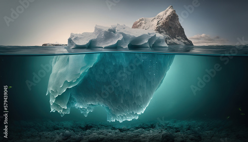 Iceberg with above and underwater view taken in green. Iceberg illustrated theme. 3D realistic illustration. Based on Generative AI