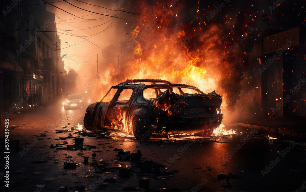 Car on fire at night during the protests in Georgia, Tbilisi. Consequences of the collision. Georgians demonstrate against new controversial law. Mixed media, AI was used to create the illustration Car on fire at night during the protests in Georgia, Tbilisi. Consequences of the collision. Georgians demonstrate against new controversial law. Mixed media, AI was used to create the illustration