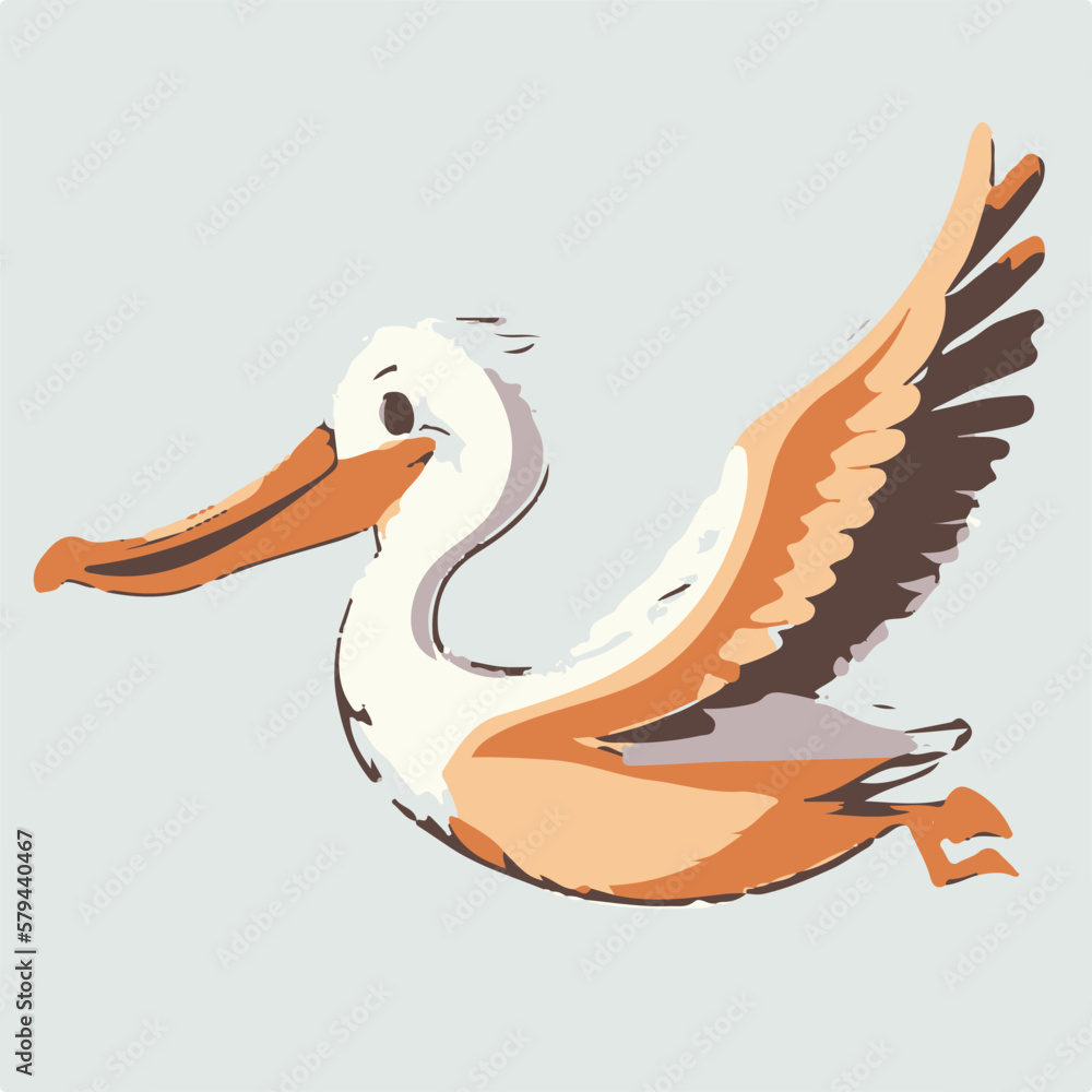 Fototapeta premium Cute pelican cartoon flying on solid background 