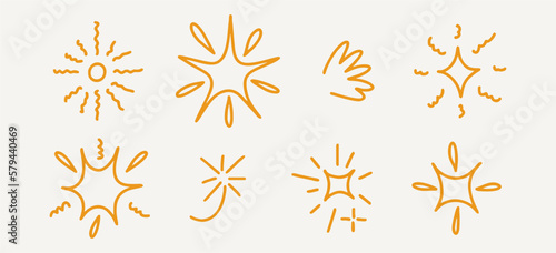Shiny stars on a white background. Set of hand drawn twinkling stars. Star light effect, vector illustration, doodle.