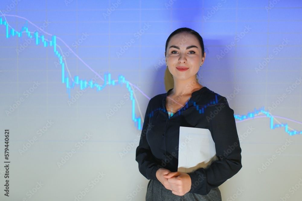 successful stocks and forex market trading - young beautiful and happy business woman and trader coaching investment strategies and financial success on candlesticks graph successful stocks and forex market trading - young beautiful and happy business woman and trader coaching investment strategies and financial success on candlesticks graph