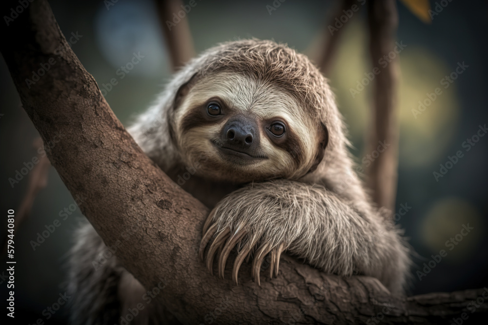 Naklejka premium Portrait of a cute sloth hanging on a tree. Generative ai