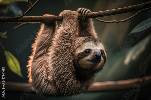 Portrait of a cute sloth hanging on a tree. Generative ai photo