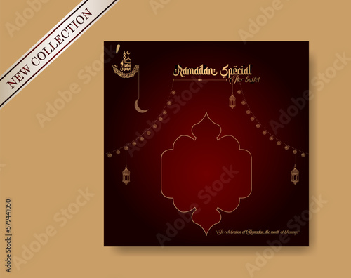 Ramadan Buffet Iftar Social Media Post Banner. Ramadan Theme Food Delivery Square Banner with Lantern. Good used for Food Social Media Post. Ramadan Kareem's special food menu social media post banner