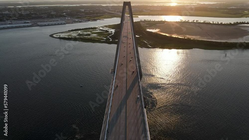 Aerial view of the Arthur Ravenel Jr. Bridge during sunrise. 