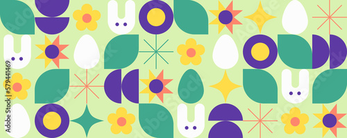 Easter banner. Modern minimal style. Flat vector illustration. Trendy seamless pattern with leaves, flowers, rabbit and eggs. Funny horizontal template. Isolated elements. Cute header for website. 