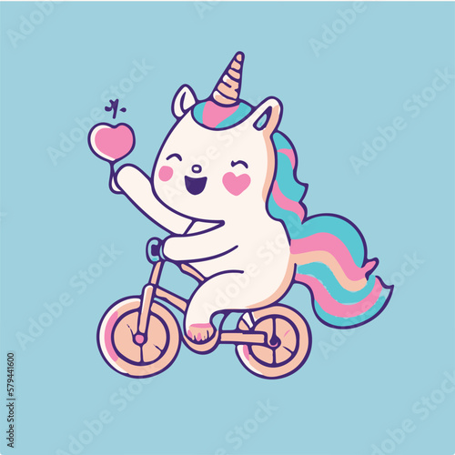 vector cute unicorn riding bicycle and waving hand cartoon vector icon illustration 