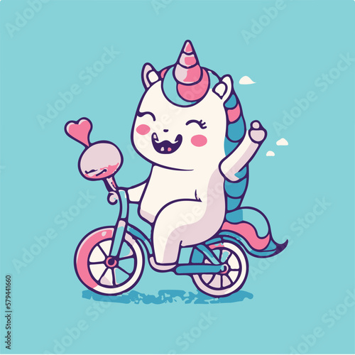 vector cute unicorn riding bicycle and waving hand cartoon vector icon illustration 
