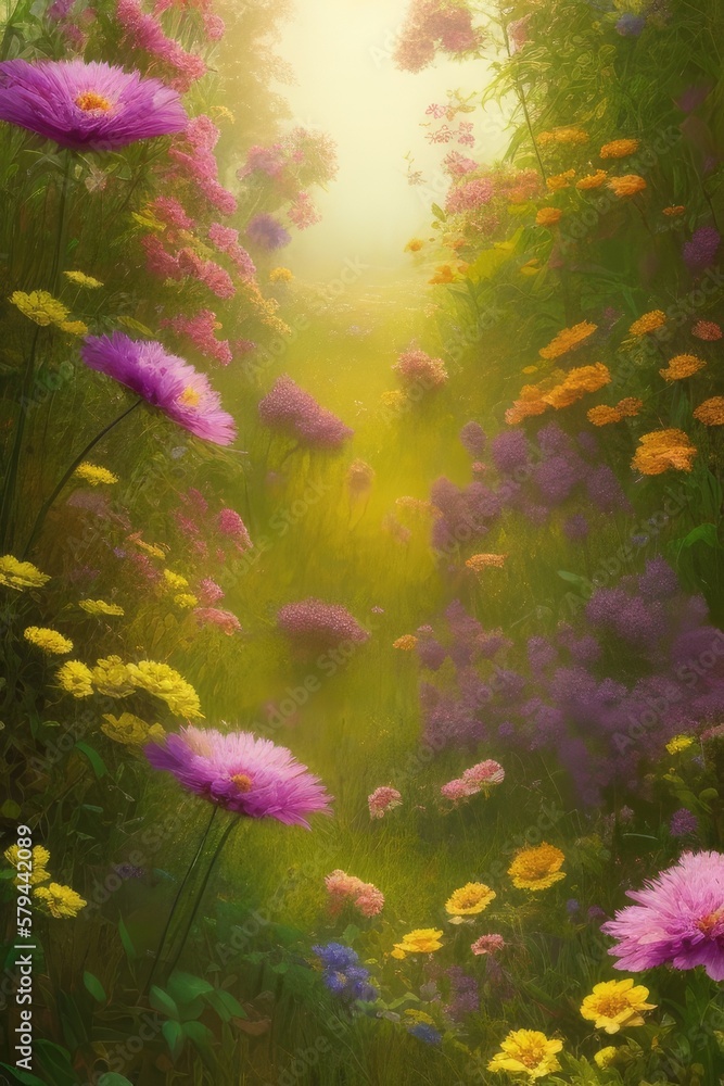 Obraz premium A blooming garden. Flowers. Fabulous landscape. Illustration. Generative AI