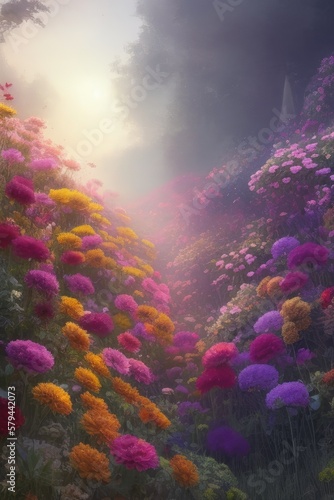 A blooming garden. Flowers. Fabulous landscape. Illustration. Generative AI