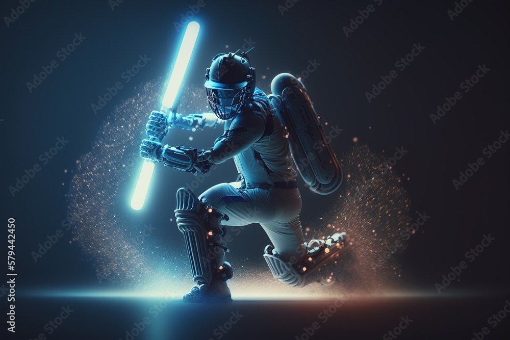 A cricket player walking on the ground in a blue jersey. Cricket. sports player. Generative AI A cricket player walking on the ground in a blue jersey. Cricket. sports player. Generative AI