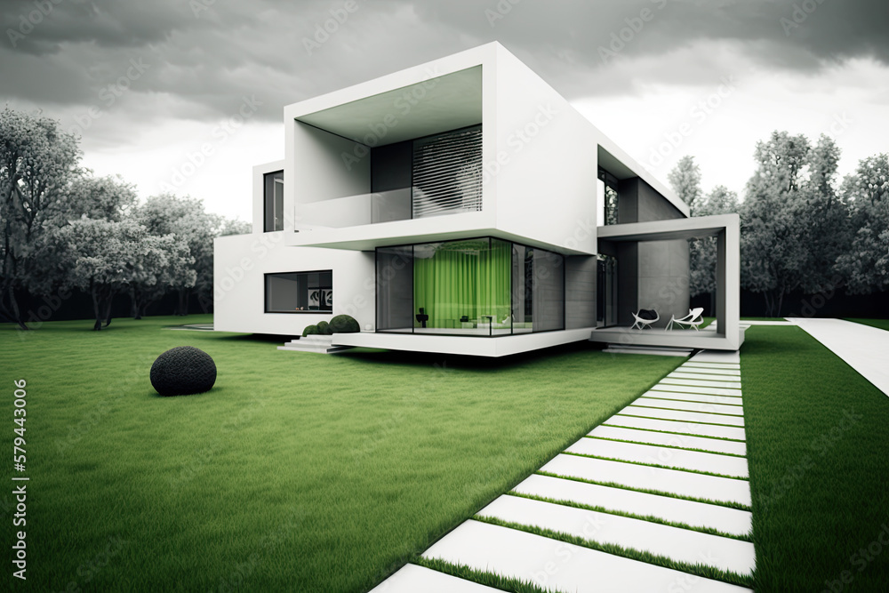 Exterior modern white cubic villa with big windows and garden. Ai generative - obrazy, fototapety, plakaty 