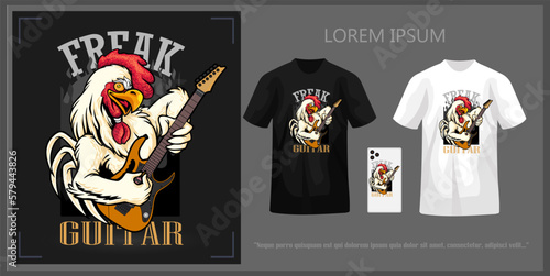 T-shirt design featuring a rooster playing guitar complete with mockup.