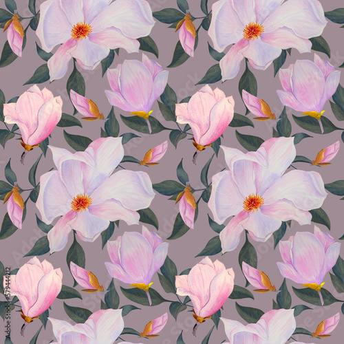 Seamless watercolor pattern with pink magnolias and leaves, hand-drawn.