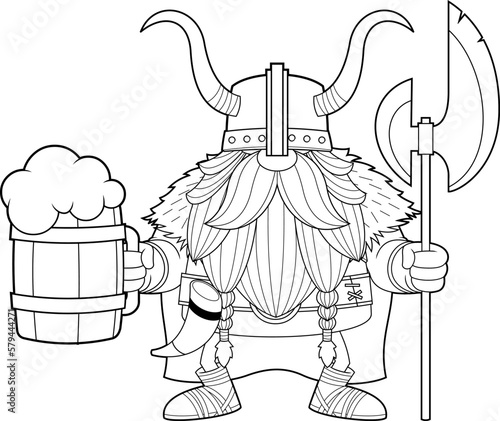 Outlined Gnome Viking Warrior Cartoon Character Holding Mug of Beer And Big Axe. Vector Hand Drawn Illustration Isolated On Transparent Background