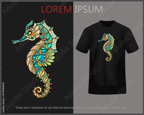 Seahorse mandala art t-shirt design complete with mockup.
