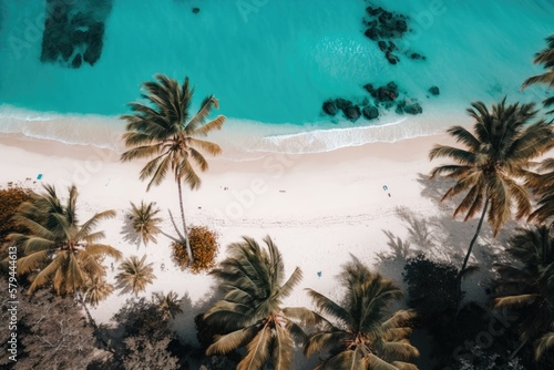 Drone photo from above a stunning white sand beach with clear blue ocean and palm palms. Generative AI