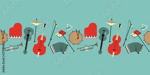 Musical instruments seamless border vector pattern. Drum, piano, accordion, guitar cartoon design element. Music event symbol set isolated illustration. Musical banner background, flyer frame template