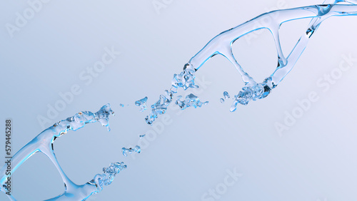 human dna structure with glass helix destroyed, transition to liquid, deoxyribonucleic acid on blue background, nucleic acid molecules, change, break in chemical structure, 3d rendering, copy space