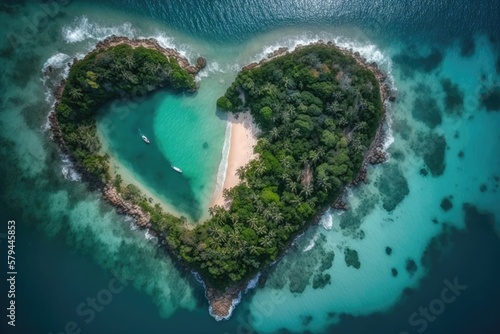Heart shaped tropical island in the middle of a clear blue ocean. a celebration of the feast of Saint Valentine. Massive tropical island with a heart shape in the water, as seen from above. All that i