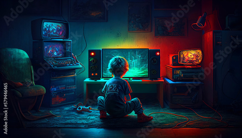 A boy is playing games on Tv in the dark room with neon lights. Generative AI illustration