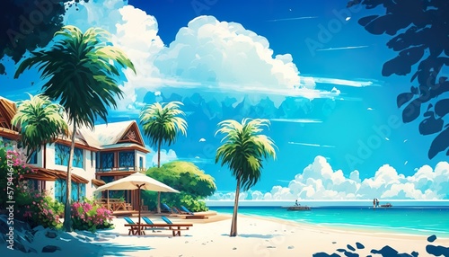 illustration Summer beautiful beach resort with blue sky and white cloud background. An empty beach scene. 3D realistic illustration. Based on Generative AI