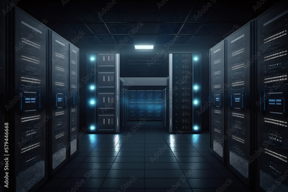 Genertive ai illustration of data center room with computers and storage systems.. Genertive ai illustration of data center room with computers and storage systems..