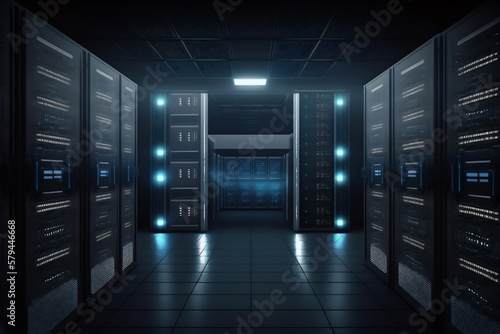 Genertive ai illustration of data center room with computers and storage systems..
