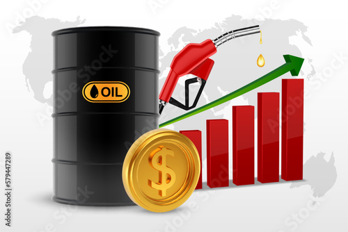 Oil barrel with golden coins with dollar sign, fuel pump and graph of rising oil prices. EPS10 vector