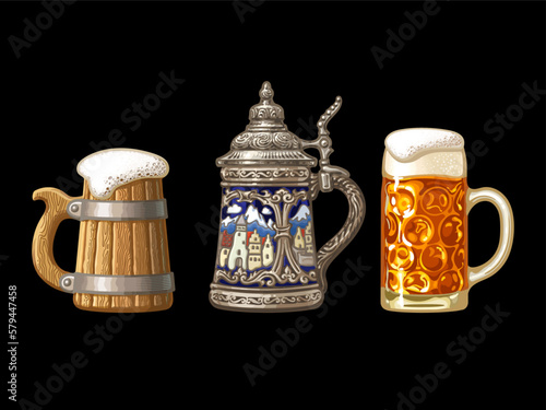 Hand drawn set of old beer mugs. Wooden mug, German stein mug, dimpled Oktoberfest glass mug. Vector illustration.