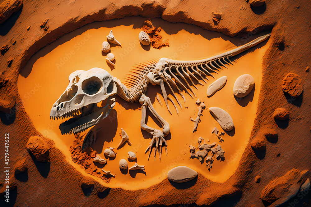 Archeologists discover fossil skeleton dinosaur tyrannosaurus in sand