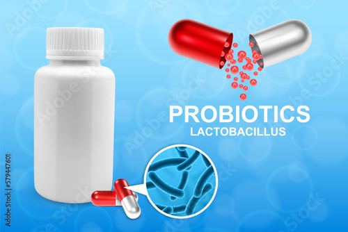 Medicine background. Science background. Probiotic background. Microbiome elements with medical pill. Half parts with probiotics granules. Human health background. EPS10 vector