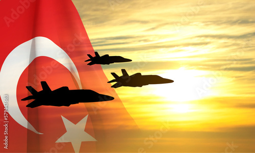 Military aircraft against the sunset and Turkey flag. Concept - Air Force. EPS10 vector