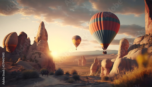 Landscape in Cappadocia with Amazing colorful hot air balloon fly in sunset sky. Concept country Turkey travel. Generation AI