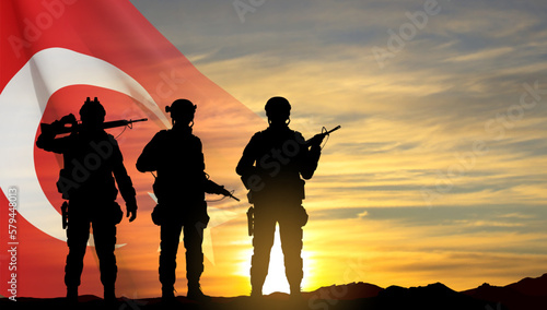 Silhouettes of soldiers with Turkey flag on background of sunset. Background for Turkish Armed Forces Day, Victory Day. EPS10 vector