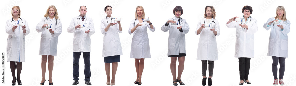 group of doctors holding jar isolated on white group of doctors holding jar isolated on white