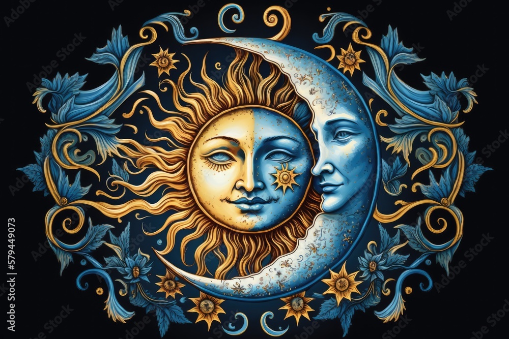 Metaphysical underpinnings for the practice of astrology, tarot, and other divinatory arts. Crescent moon and sun in the shape of a face on a blue background the universal symbol. illustration with Metaphysical underpinnings for the practice of astrology, tarot, and other divinatory arts. Crescent moon and sun in the shape of a face on a blue background the universal symbol. illustration with
