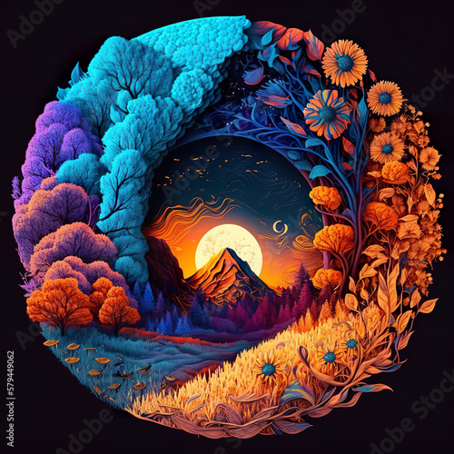 Illustration of all seasons at once with psychedelic style. Drawn seasons set. 3D realistic illustration. Based on Generative AI photo