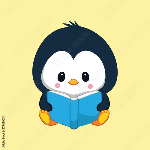 cute penguin reading book illustration 