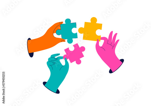 Collection of colorful hands holding jigsaws. Solving problems together, social media, communication theme website concept illustrations